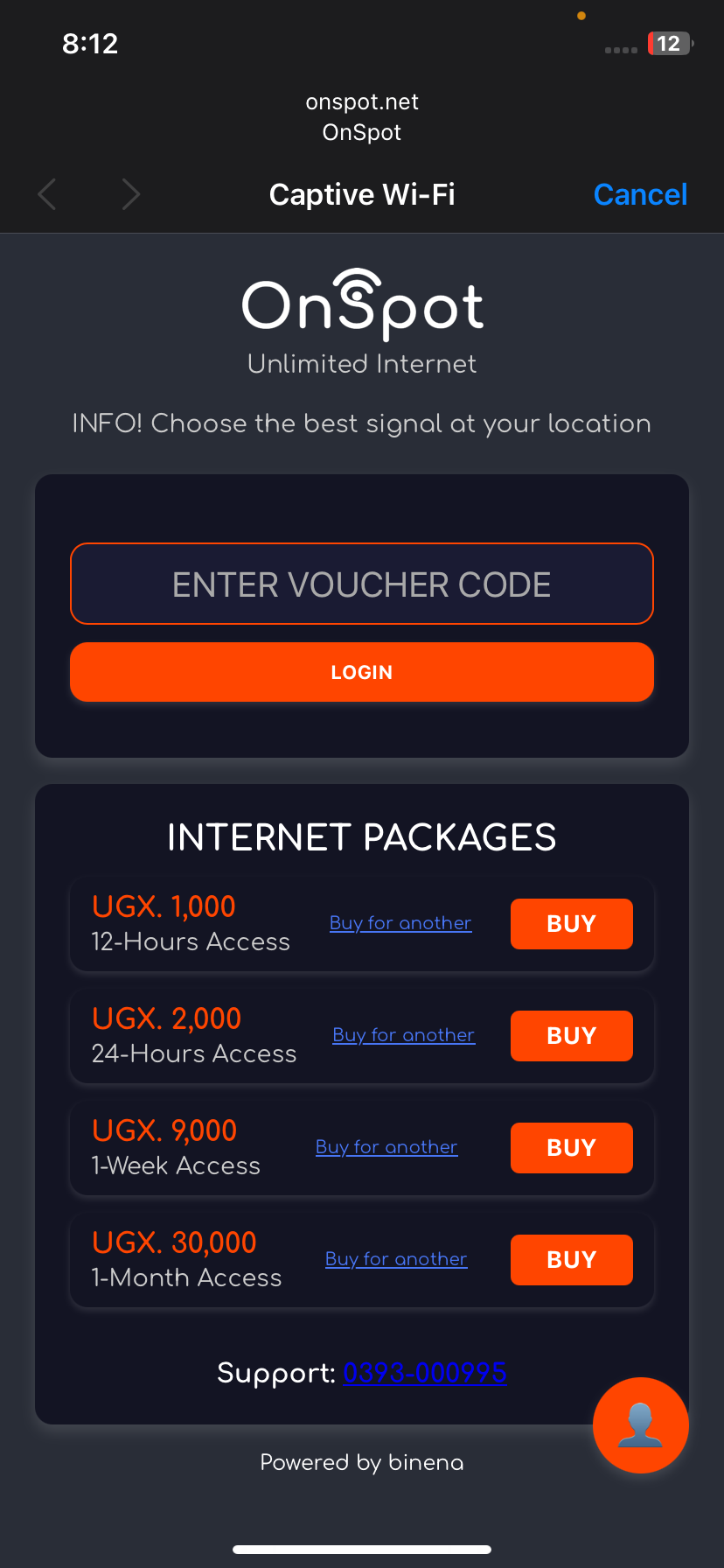 OnSpot captive portal — enter voucher or buy internet packages